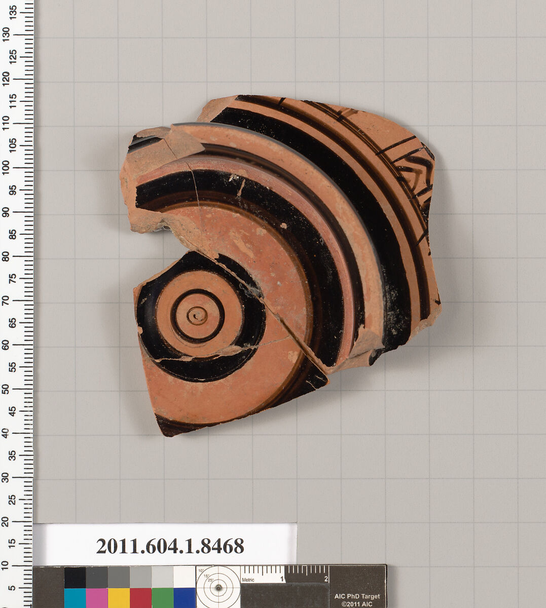 Terracotta fragment of a stemless kylix (drinking cup), Terracotta, Greek, Attic