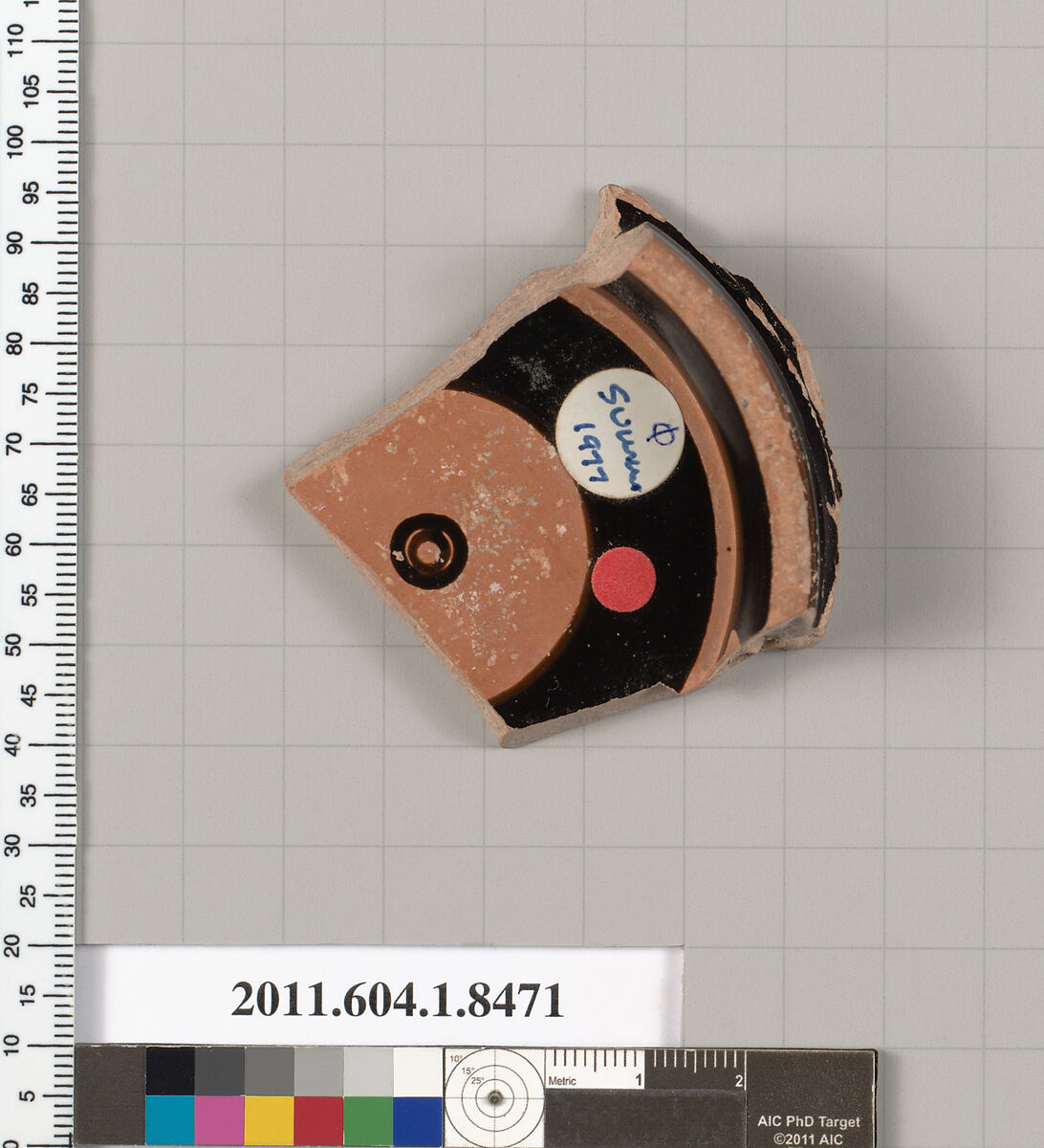 Terracotta fragment of a stemless kylix (drinking cup), Terracotta, Greek, Attic
