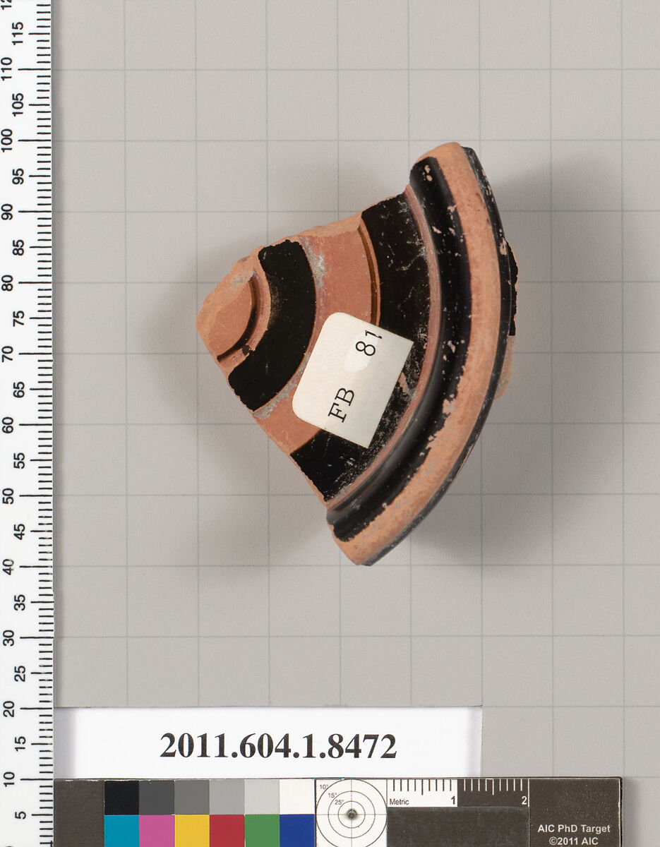 Terracotta fragment of a stemless kylix (drinking cup), Terracotta, Greek, Attic