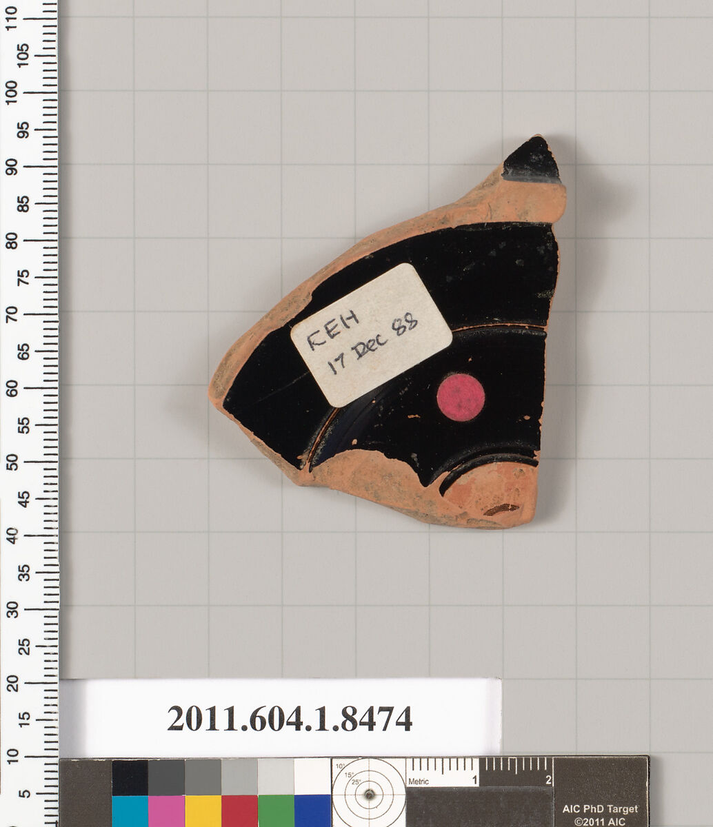 Terracotta fragment of a stemless kylix (drinking cup), Terracotta, Greek, Attic