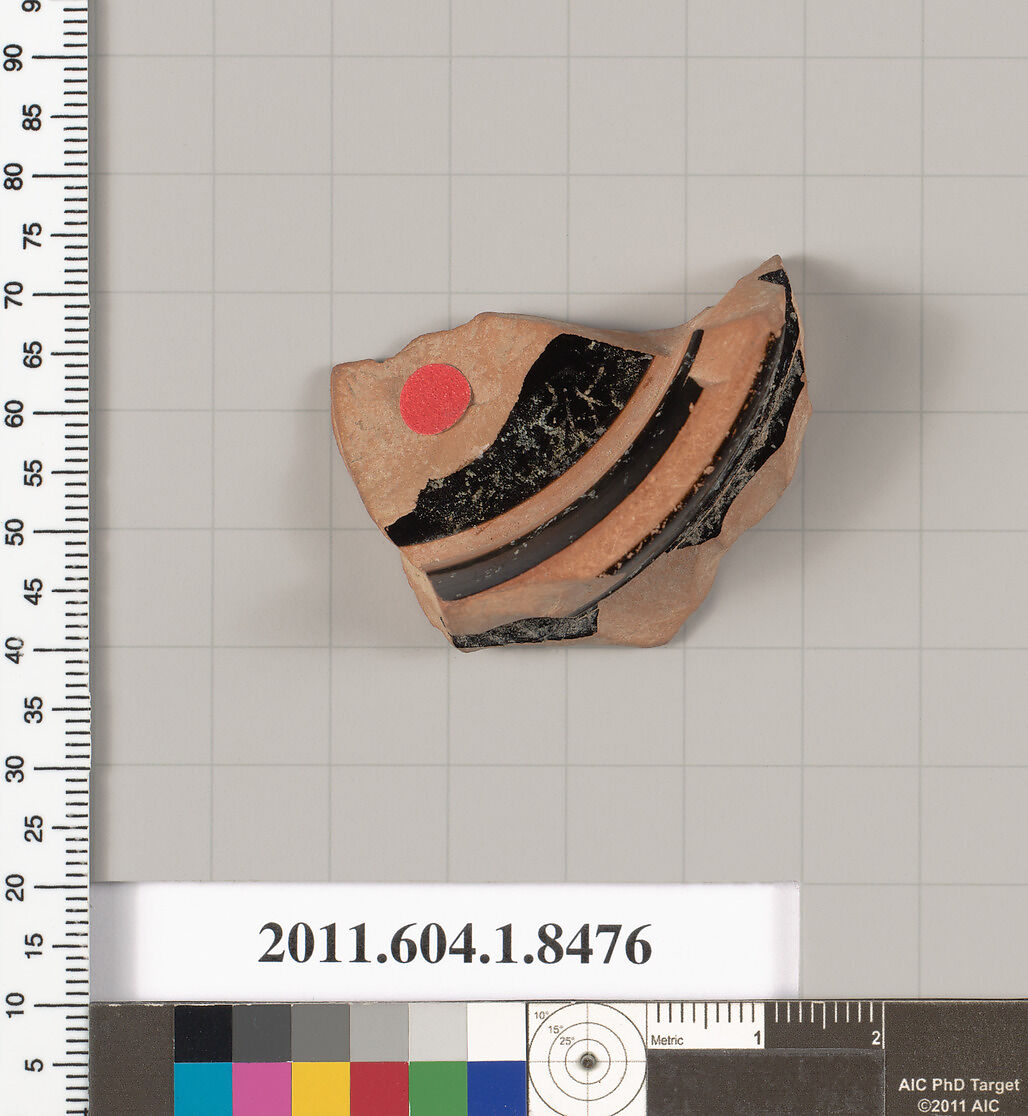 Terracotta fragment of a stemless kylix (drinking cup), Terracotta, Greek, Attic