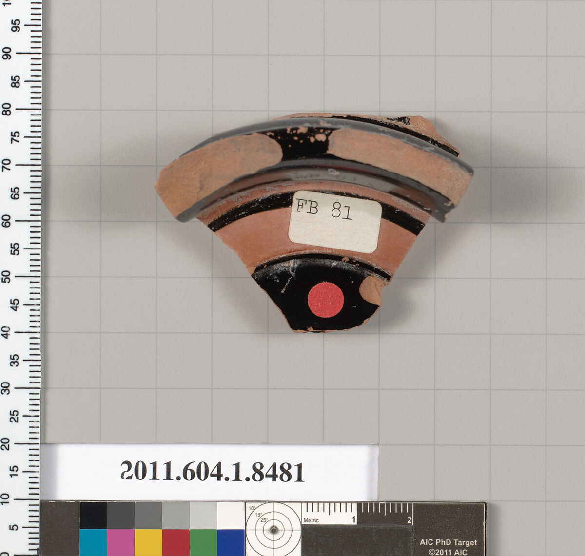 Terracotta fragment of a stemless kylix (drinking cup), Terracotta, Greek, Attic