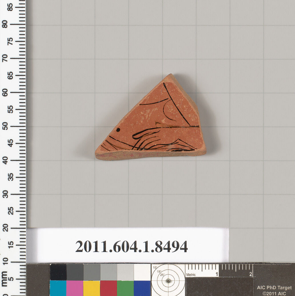 Terracotta fragment of a stemless kylix (drinking cup), Terracotta, Greek, Attic