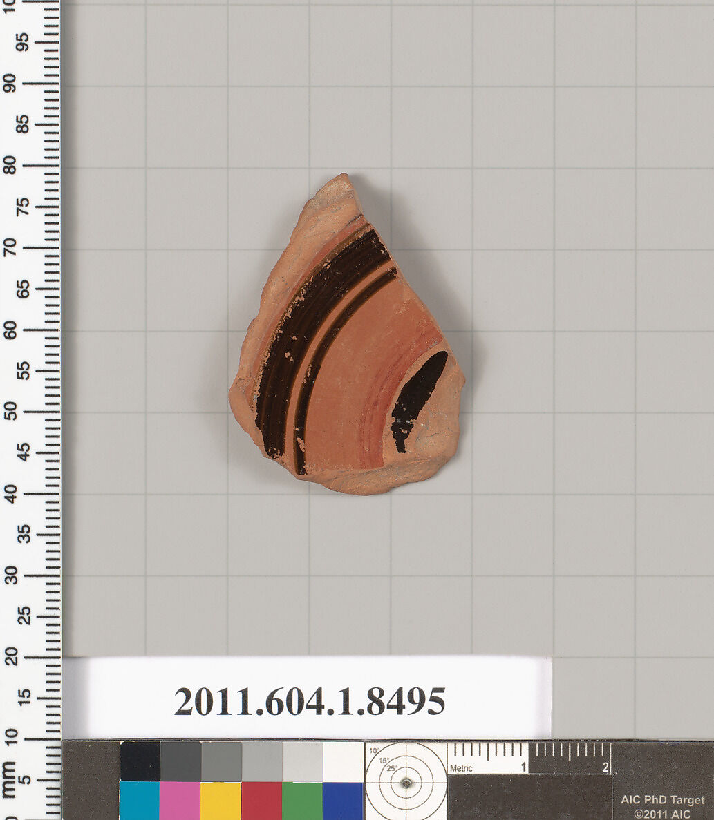 Terracotta fragment of a stemless kylix (drinking cup), Terracotta, Greek, Attic