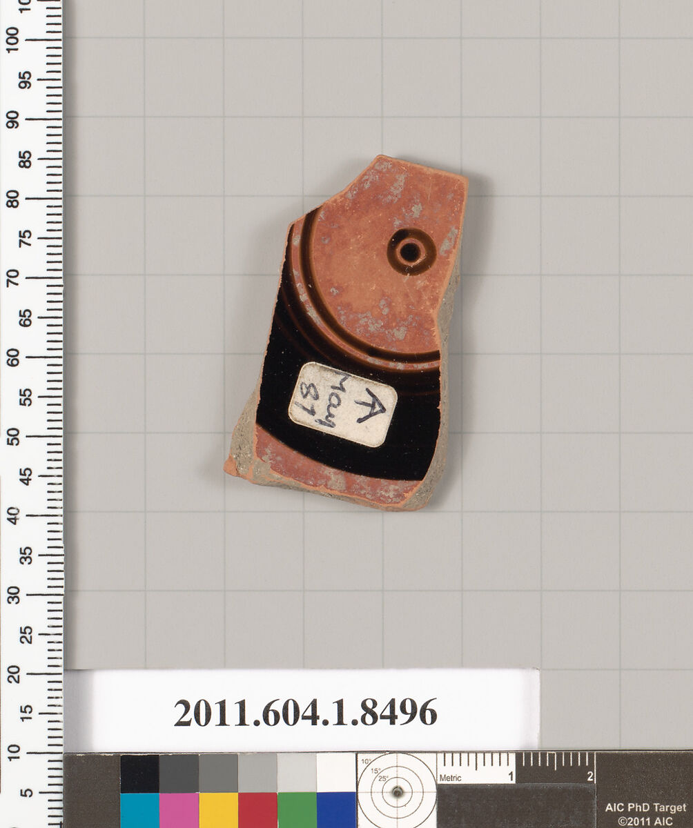Terracotta fragment of a stemless kylix (drinking cup), Terracotta, Greek, Attic