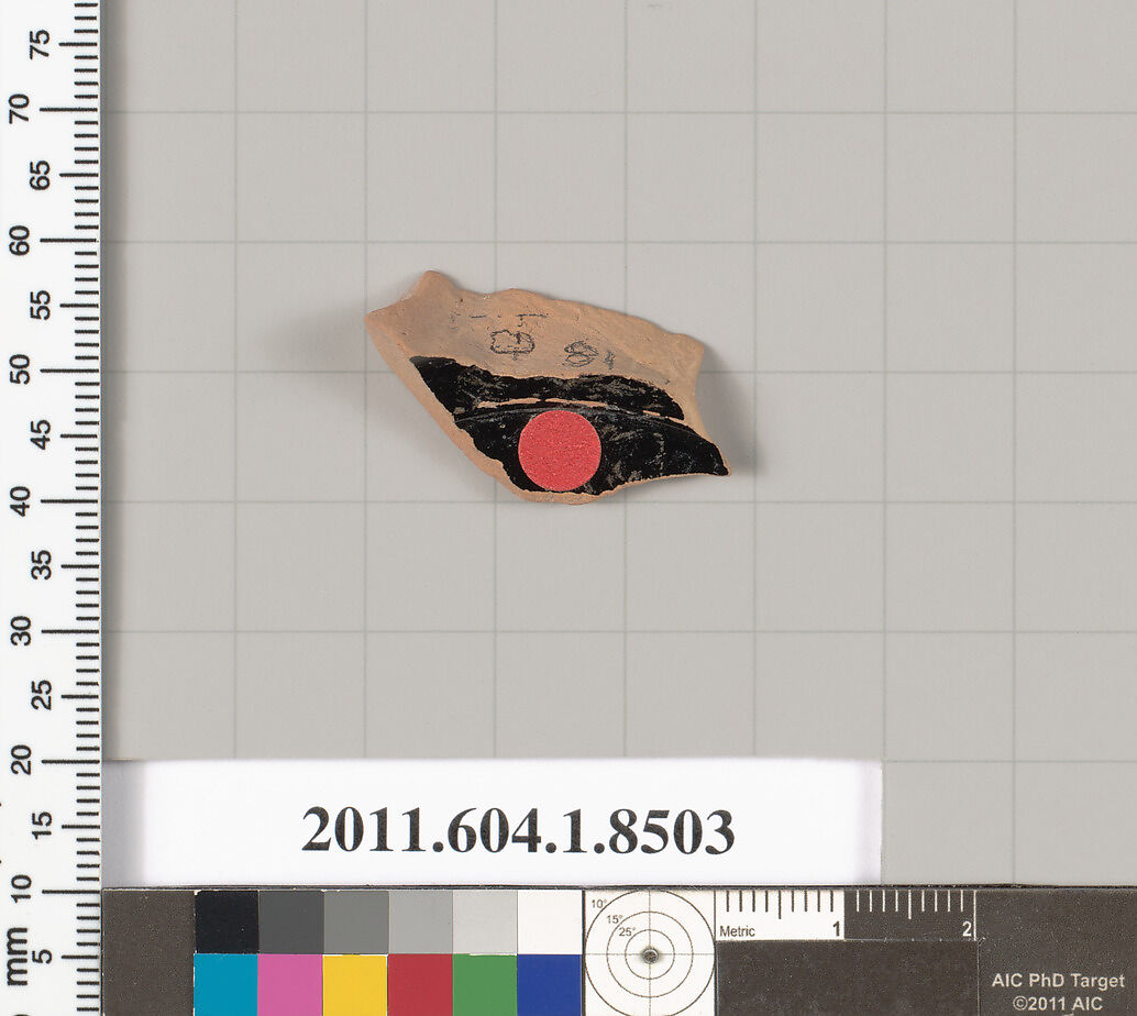 Terracotta fragment of a stemless kylix (drinking cup), Terracotta, Greek, Attic