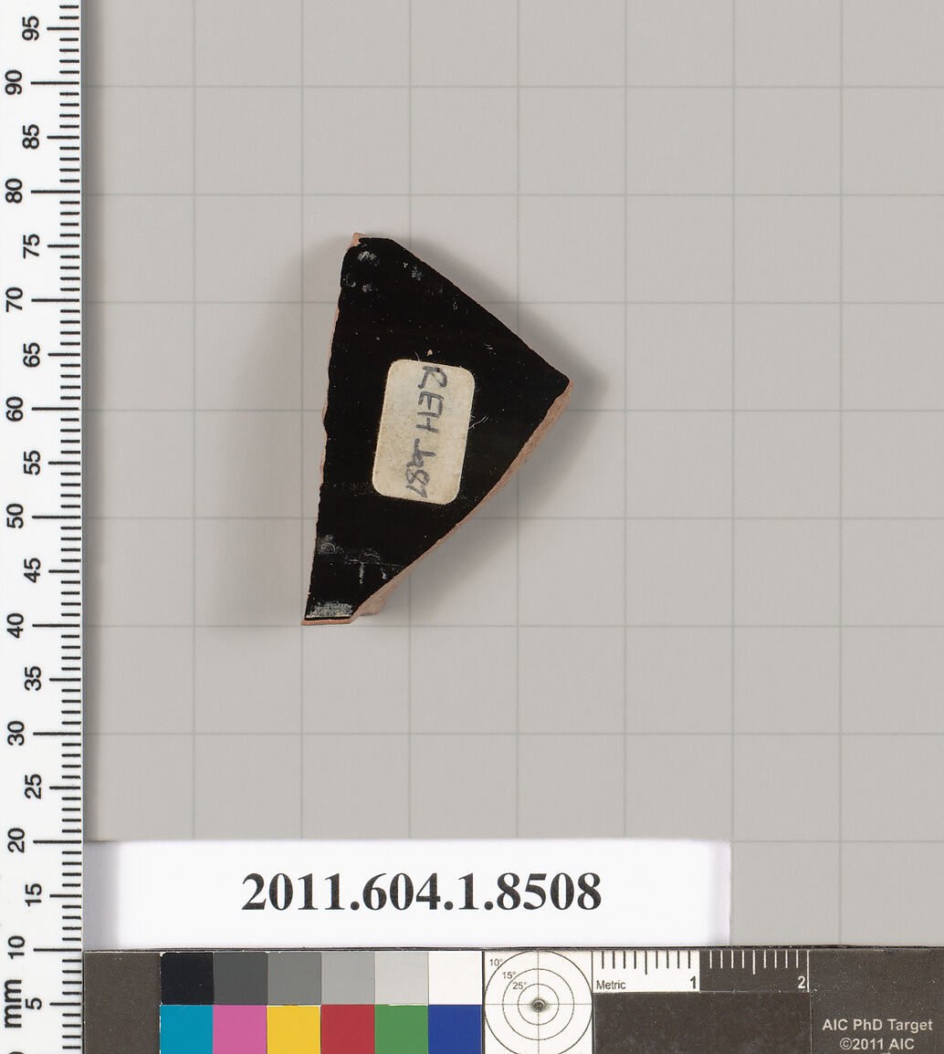 Terracotta fragment of a stemless kylix (drinking cup), Terracotta, Greek, Attic