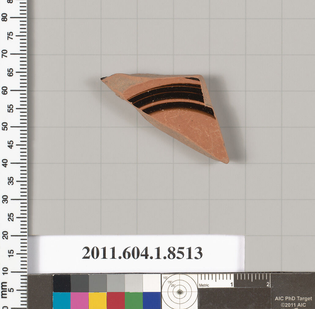 Terracotta fragment of a stemless kylix (drinking cup), Terracotta, Greek, Attic