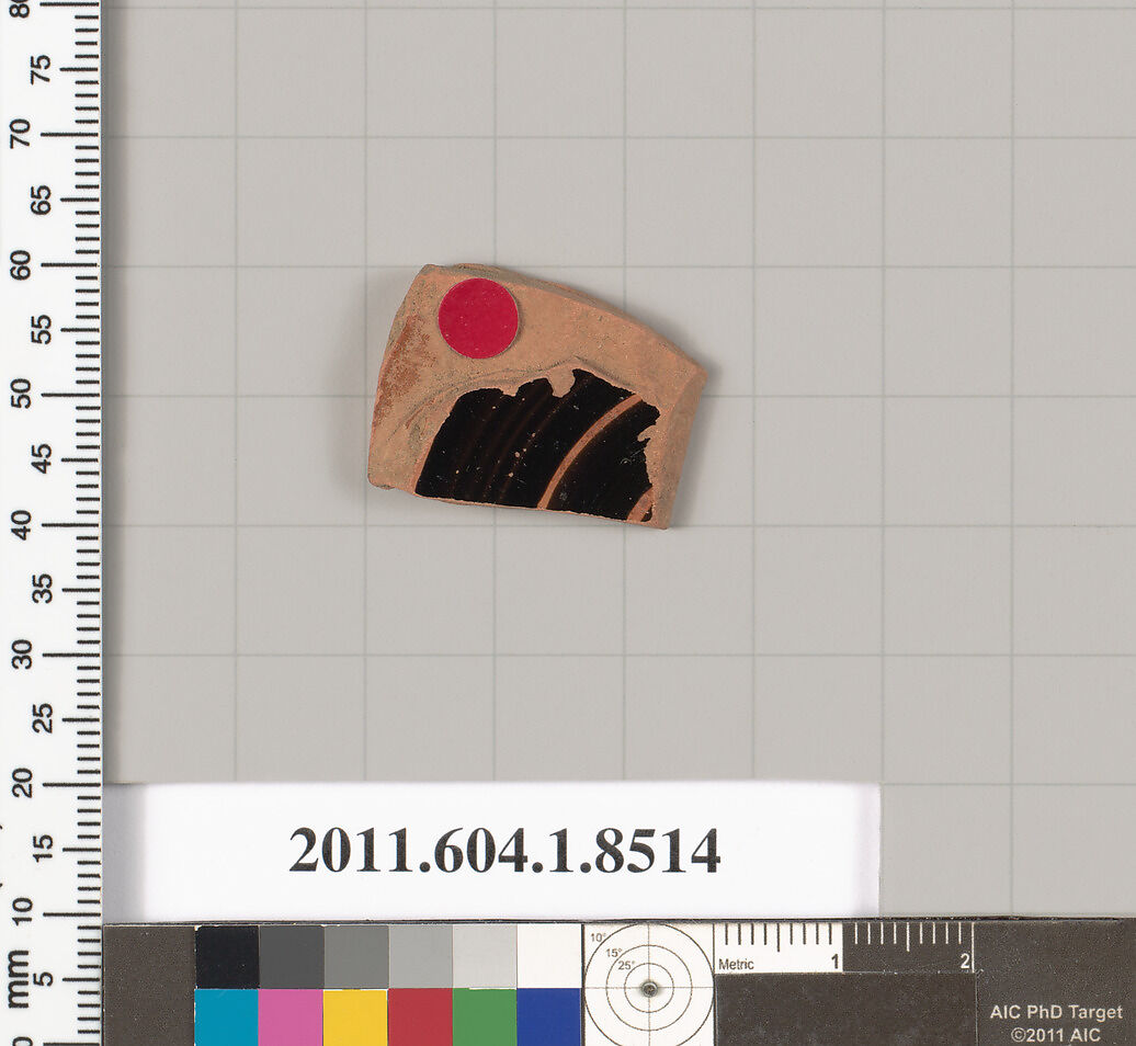 Terracotta fragment of a stemless kylix (drinking cup), Terracotta, Greek, Attic