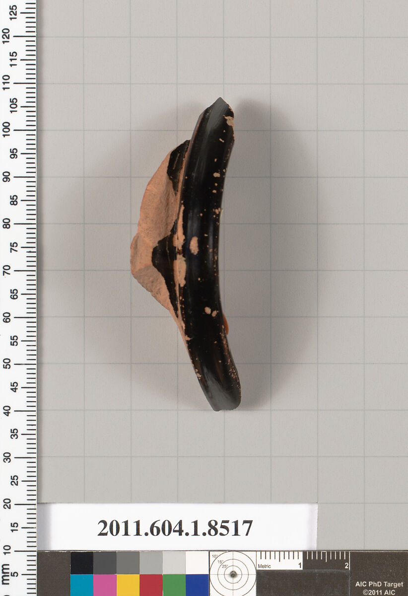 Terracotta fragment of a stemless kylix (drinking cup), Terracotta, Greek, Attic