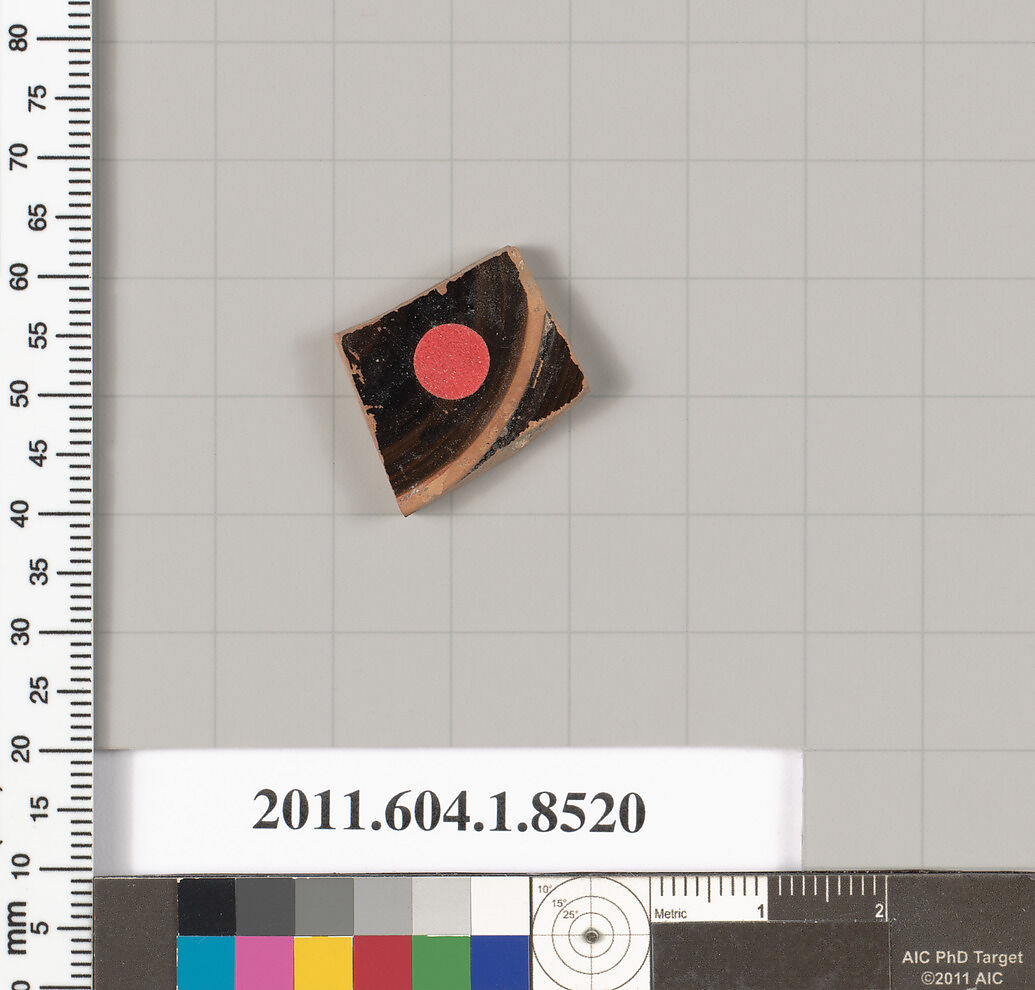 Terracotta fragment of a stemless kylix (drinking cup), Terracotta, Greek, Attic