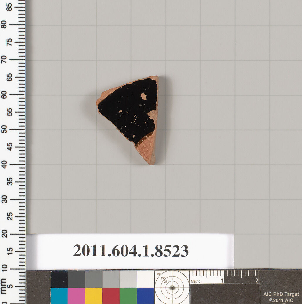 Terracotta fragment of a stemless kylix (drinking cup), Terracotta, Greek, Attic