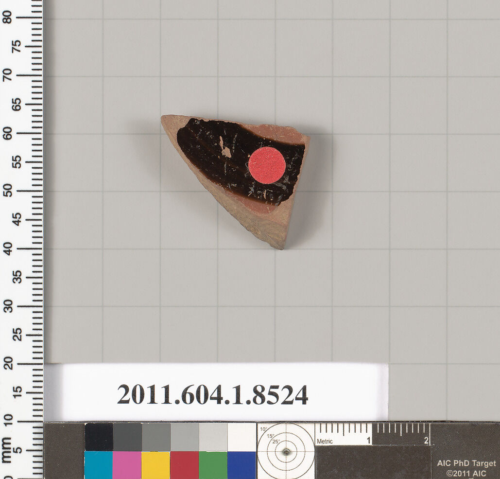 Terracotta fragment of a stemless kylix (drinking cup), Terracotta, Greek, Attic