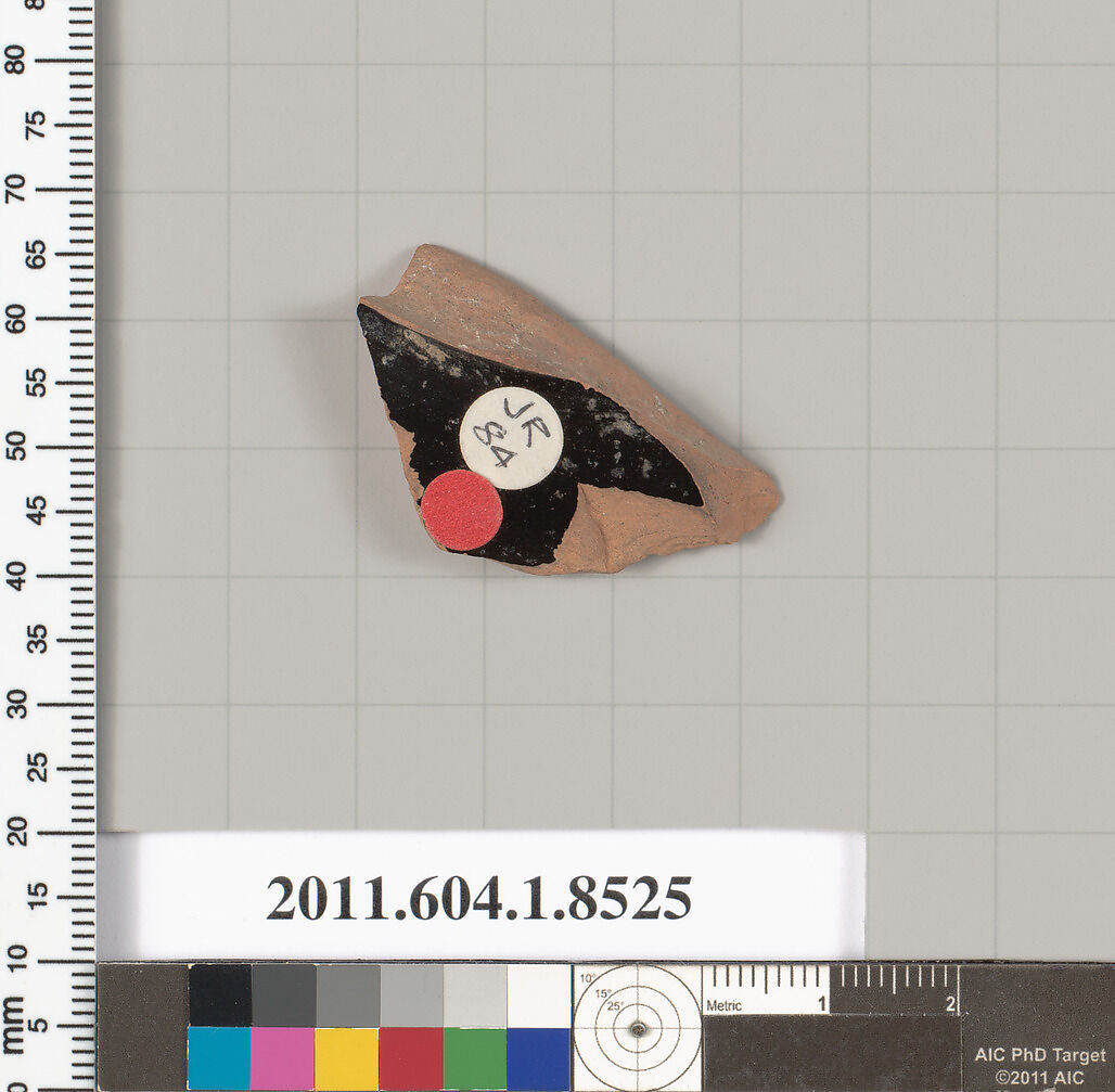 Terracotta fragment of a stemless kylix (drinking cup), Terracotta, Greek, Attic