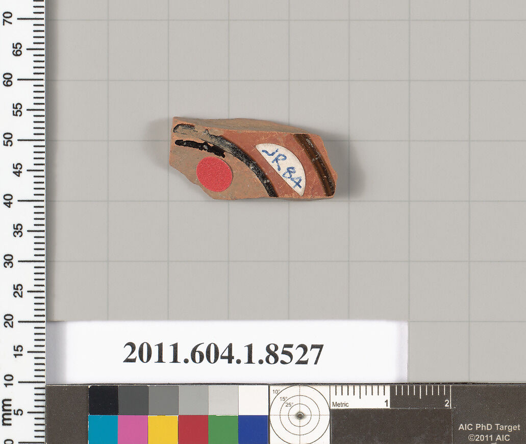 Terracotta fragment of a stemless kylix (drinking cup), Terracotta, Greek, Attic