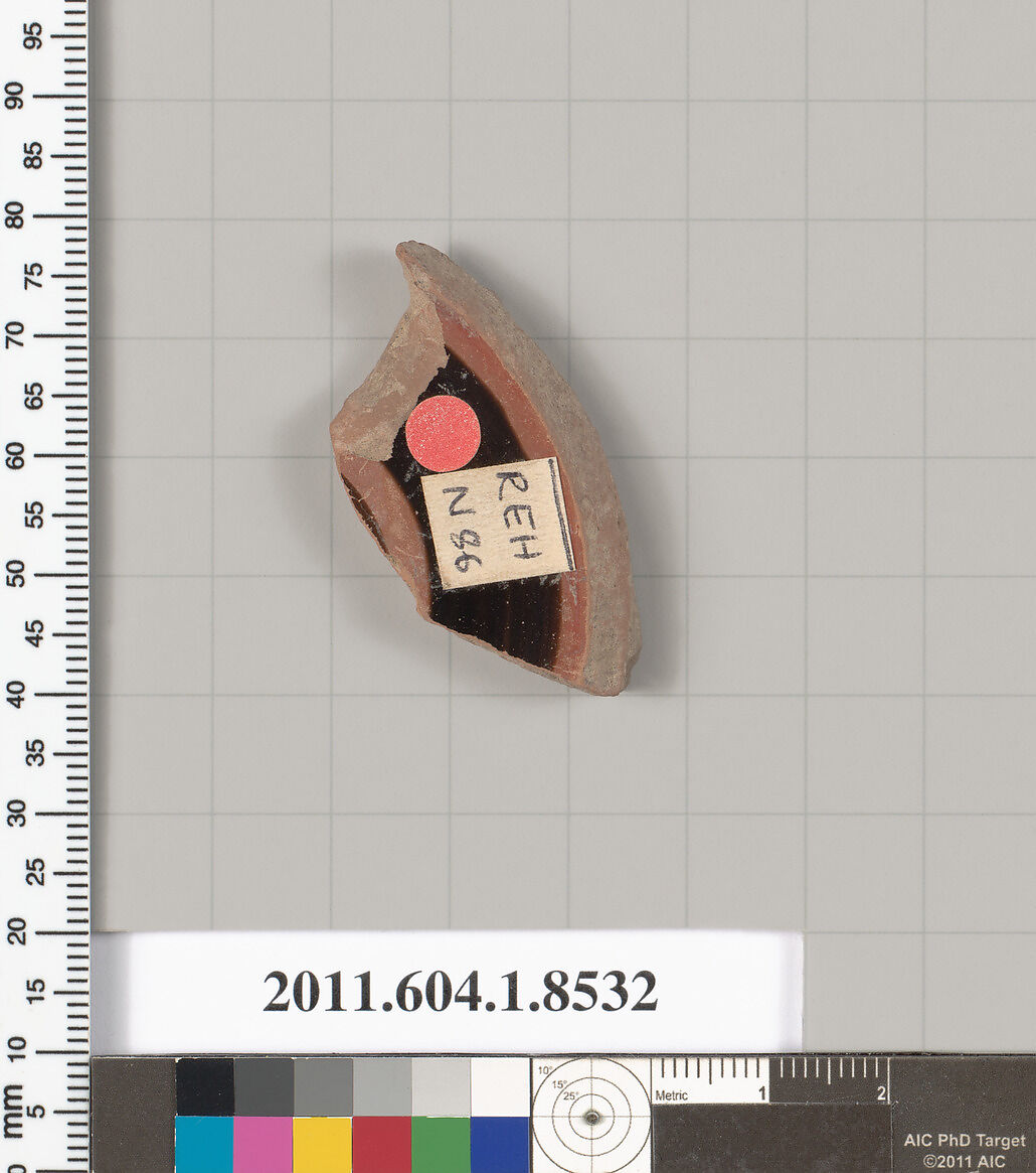 Terracotta fragment of a stemless kylix (drinking cup), Terracotta, Greek, Attic