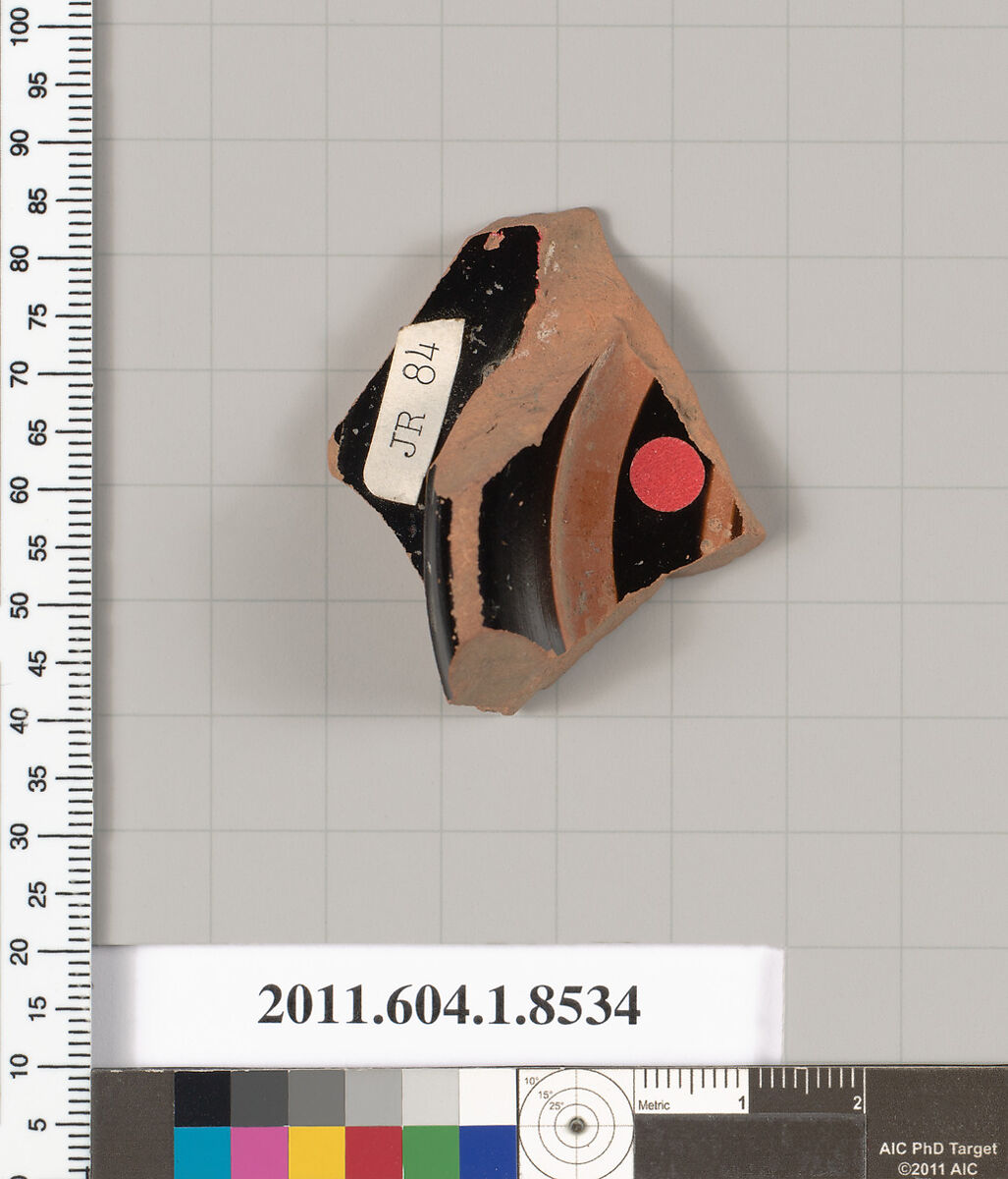 Terracotta fragment of a stemless kylix (drinking cup), Terracotta, Greek, Attic