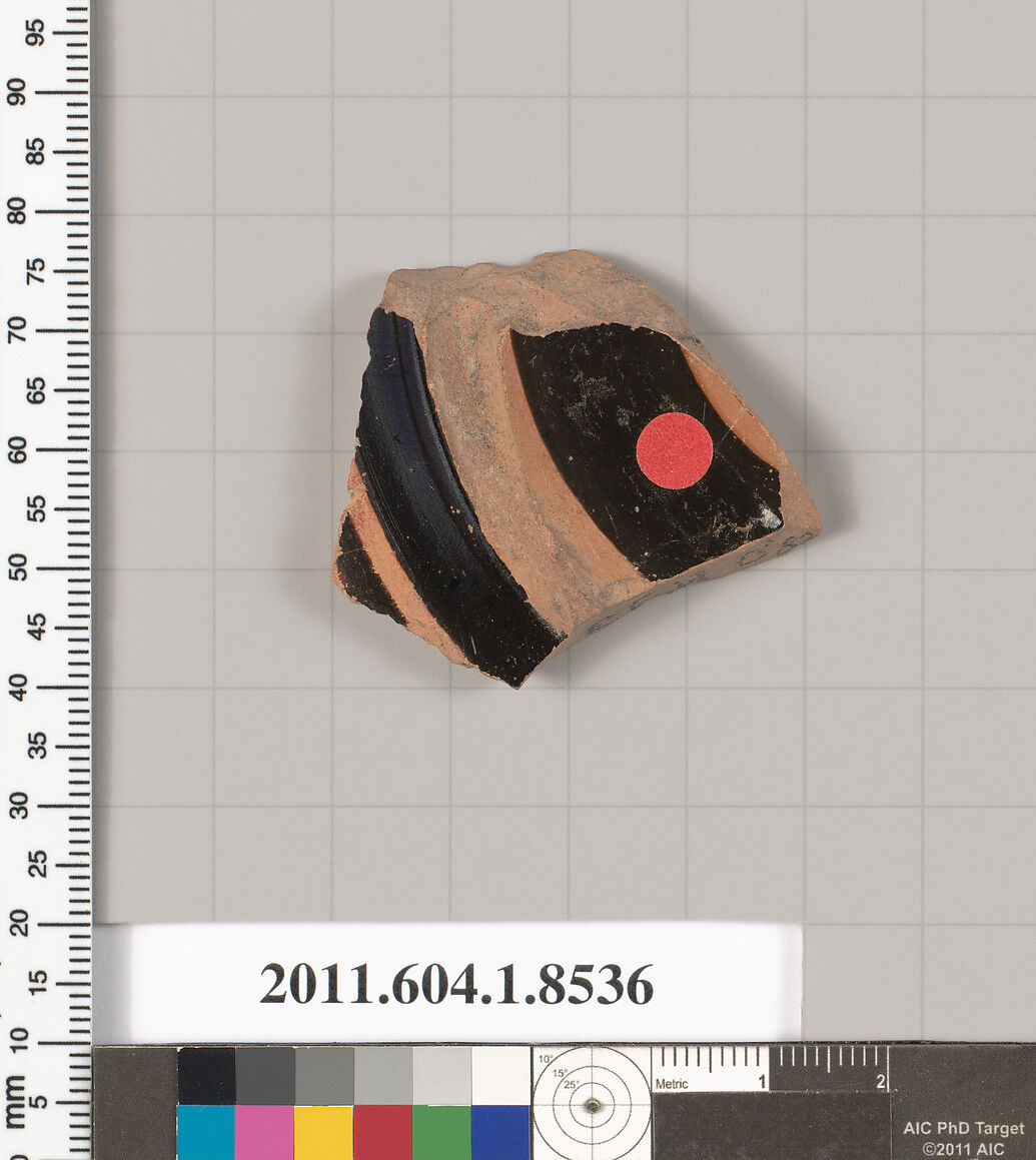 Terracotta fragment of a stemless kylix (drinking cup), Terracotta, Greek, Attic