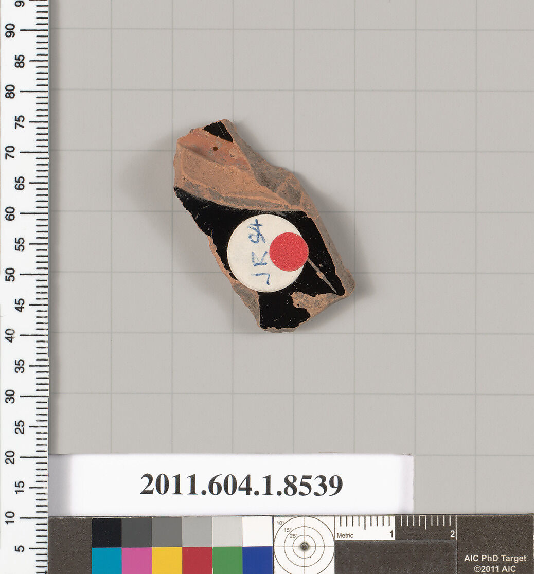 Terracotta fragment of a stemless kylix (drinking cup), Terracotta, Greek, Attic