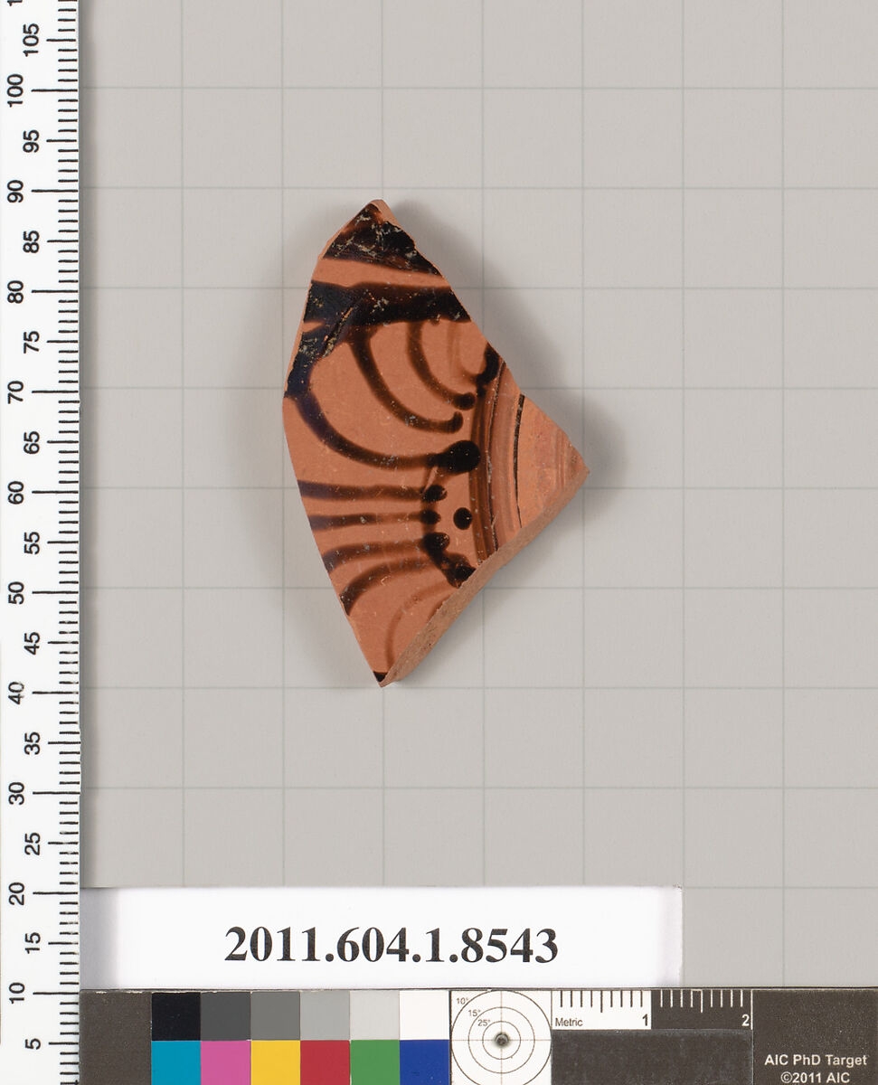 Terracotta fragment of a stemless kylix (drinking cup), Terracotta, Greek, Attic