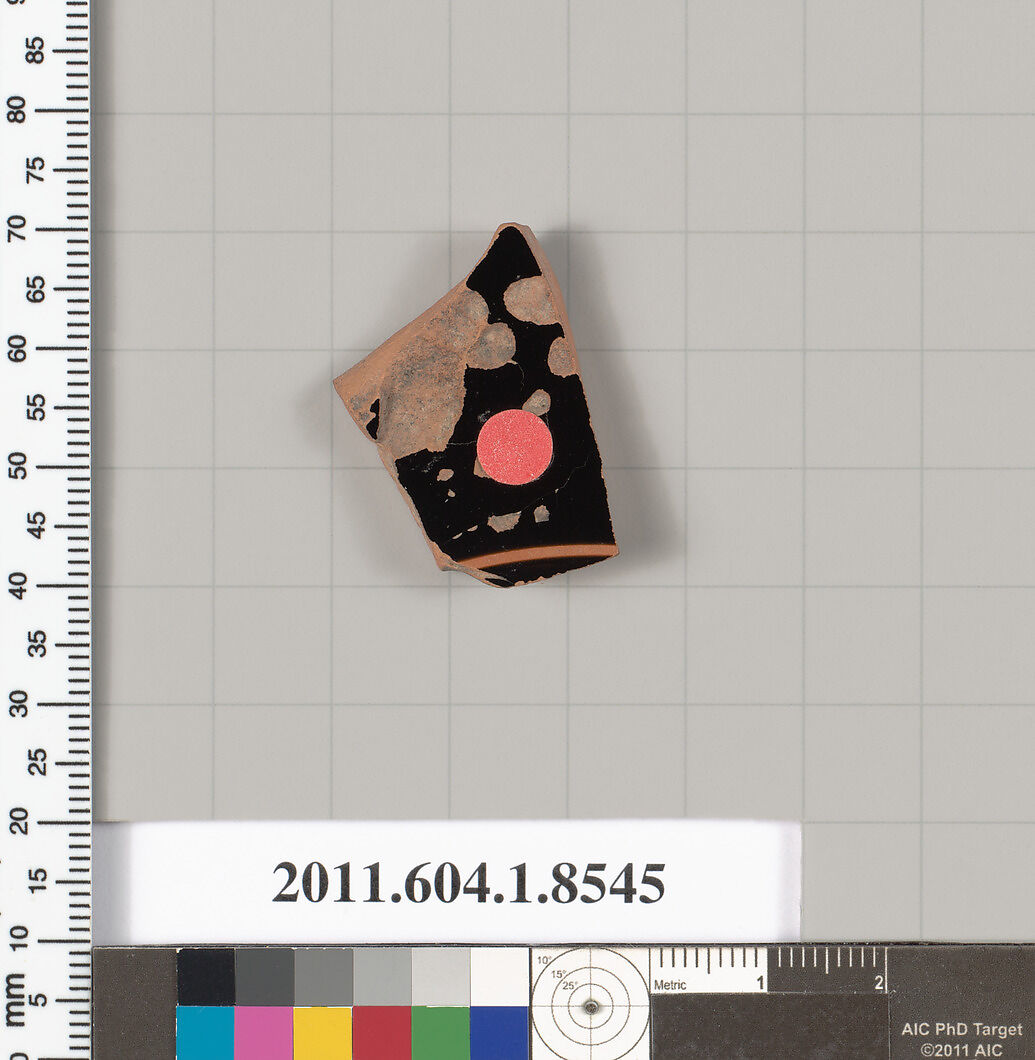 Terracotta fragment of a stemless kylix (drinking cup), Terracotta, Greek, Attic