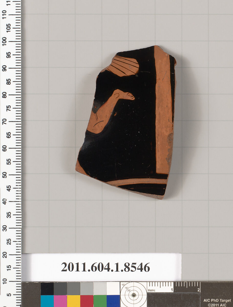 Terracotta fragment of a stemless kylix (drinking cup), Terracotta, Greek, Attic