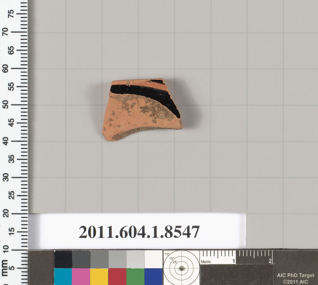 Terracotta fragment of a stemless kylix (drinking cup), Terracotta, Greek, Attic