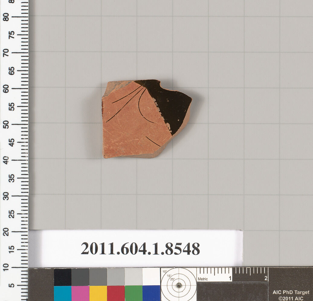 Terracotta fragment of a stemless kylix? (drinking cup), Terracotta, Greek, Attic