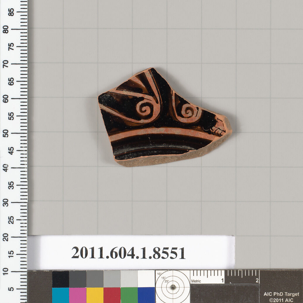 Terracotta fragment of a stemless kylix (drinking cup), Terracotta, Greek, Attic