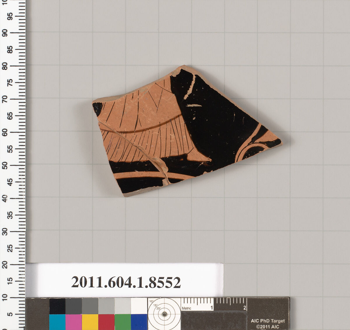 Terracotta fragment of a stemless kylix (drinking cup), Terracotta, Greek, Attic
