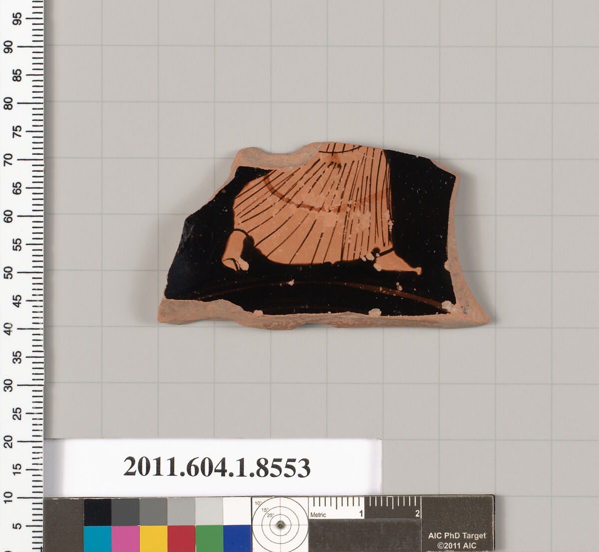 Terracotta fragment of a stemless kylix (drinking cup), Terracotta, Greek, Attic