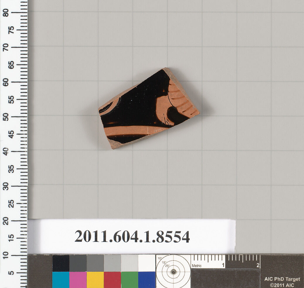 Terracotta fragment of a stemless kylix (drinking cup), Terracotta, Greek, Attic