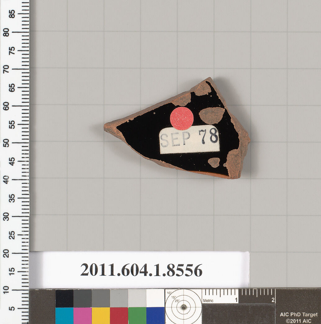 Terracotta fragment of a stemless kylix (drinking cup), Terracotta, Greek, Attic