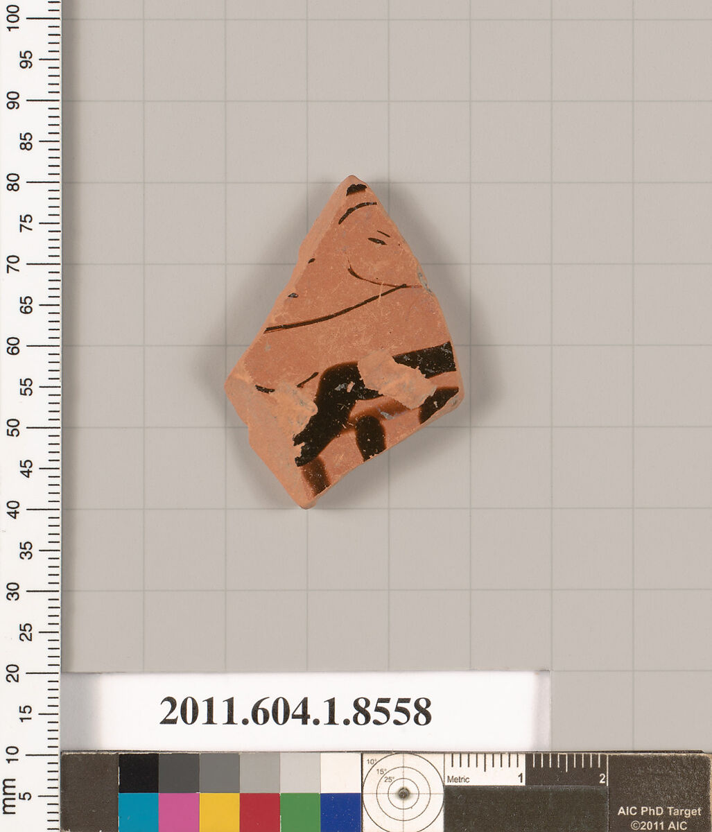 Terracotta fragment of a stemless kylix (drinking cup), Terracotta, Greek, Attic