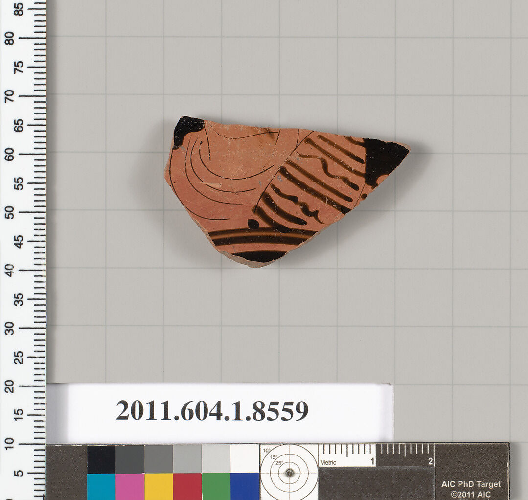 Terracotta fragment of a stemless kylix (drinking cup), Terracotta, Greek, Attic