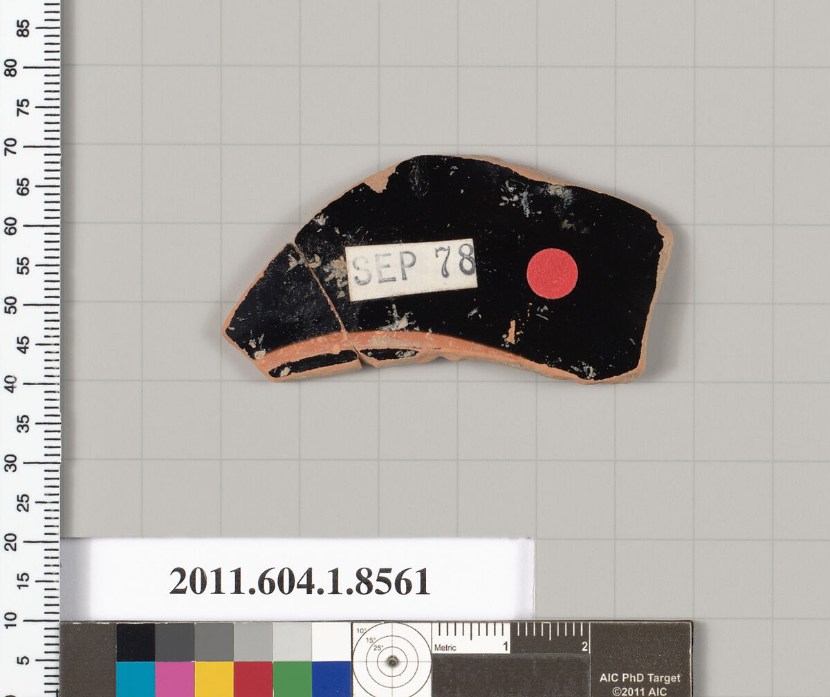 Terracotta fragment of a stemless kylix (drinking cup), Terracotta, Greek, Attic