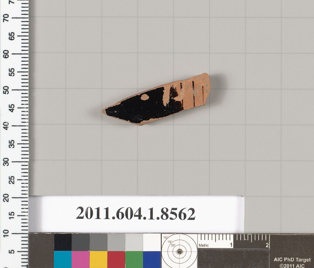 Terracotta fragment of a stemless kylix (drinking cup), Terracotta, Greek, Attic