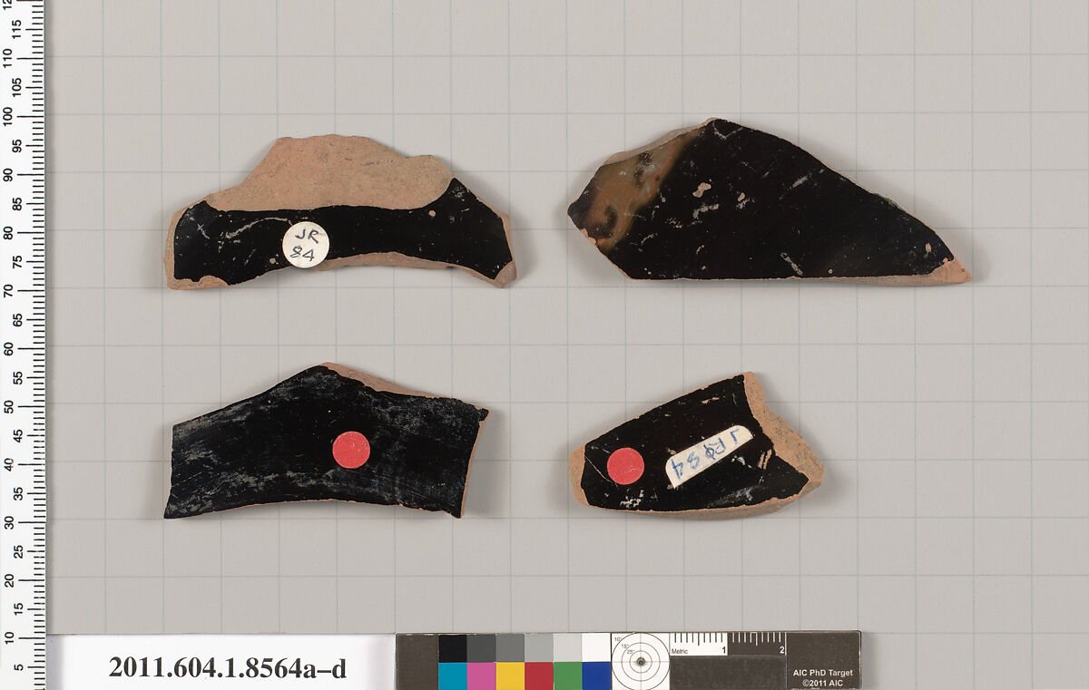 Terracotta fragments of stemless kylikes (drinking cups), Terracotta, Greek, Attic