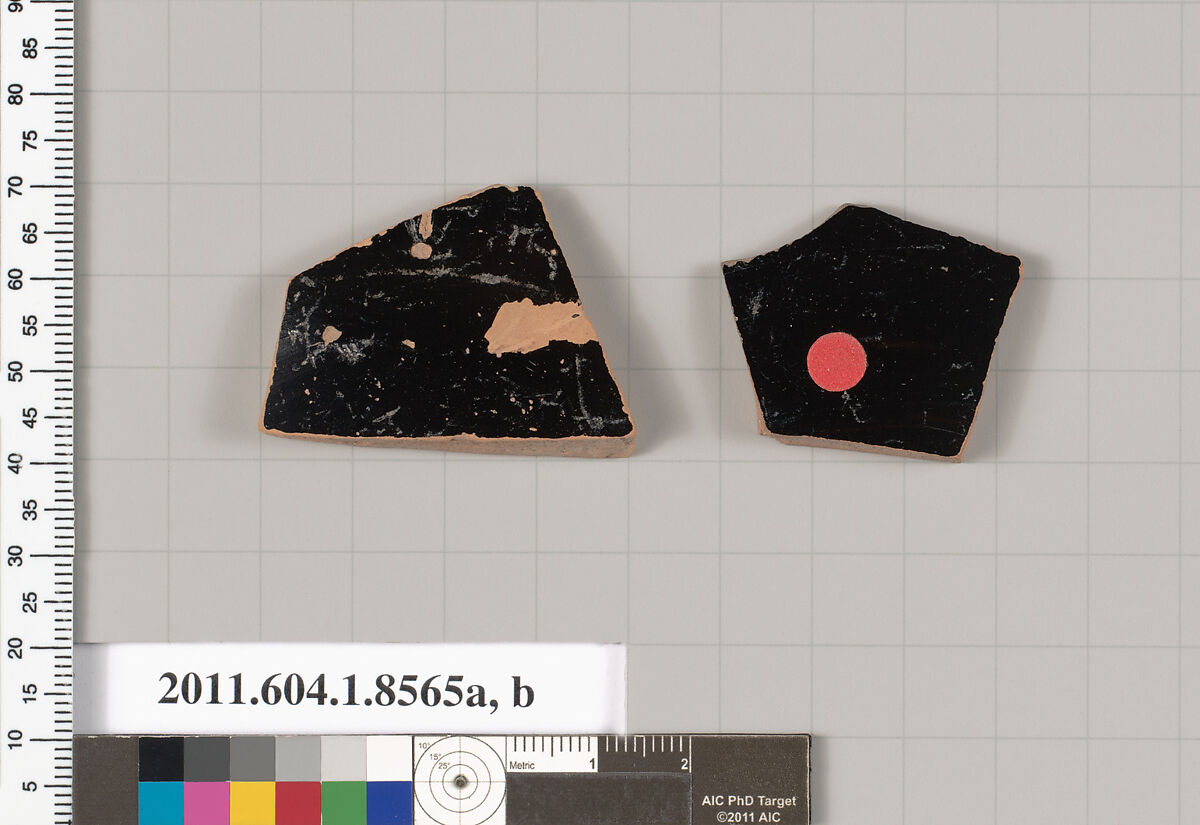 Terracotta fragments of stemless kylikes (drinking cups), Terracotta, Greek, Attic