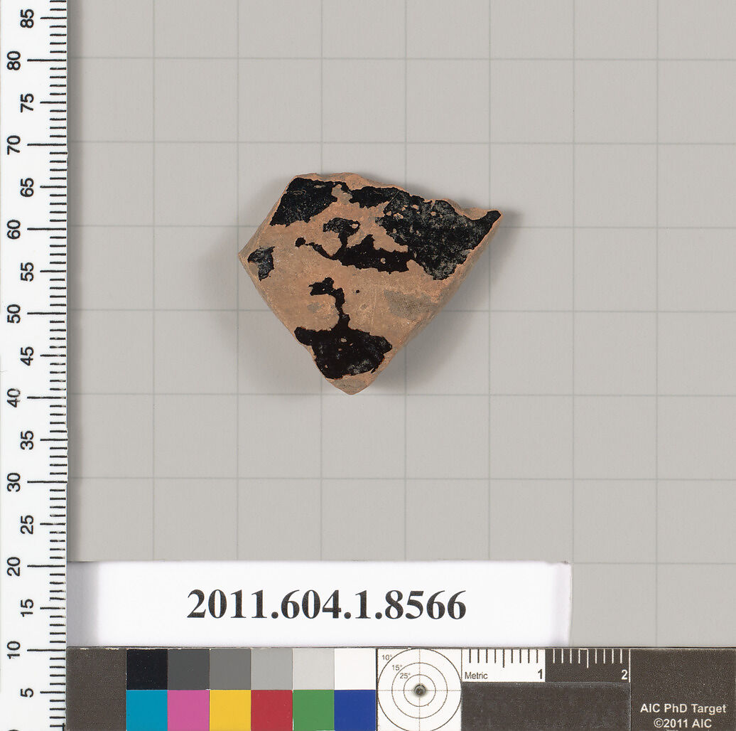 Terracotta fragment of a stemless kylix (drinking cup), Terracotta, Greek, Attic