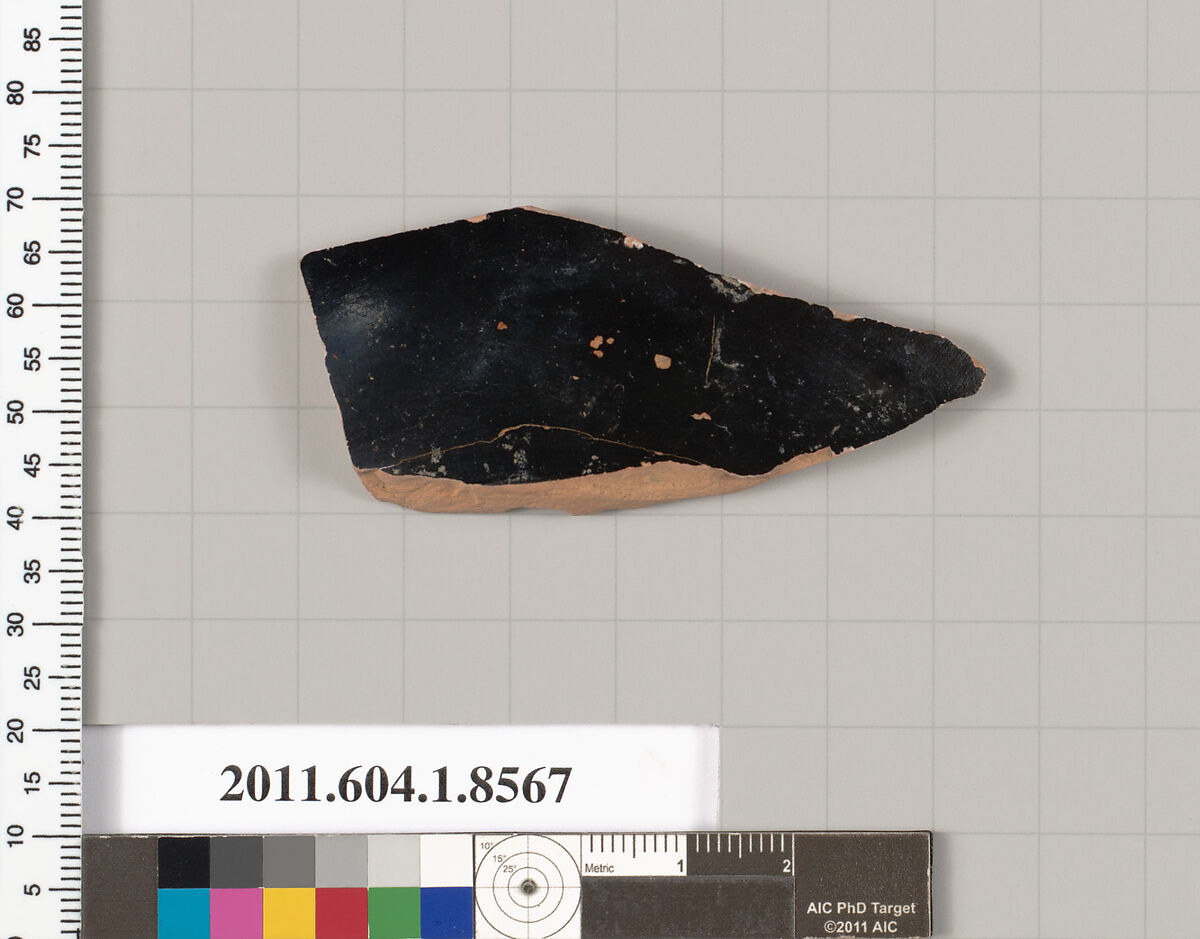 Terracotta fragment of a stemless kylix (drinking cup), Terracotta, Greek, Attic