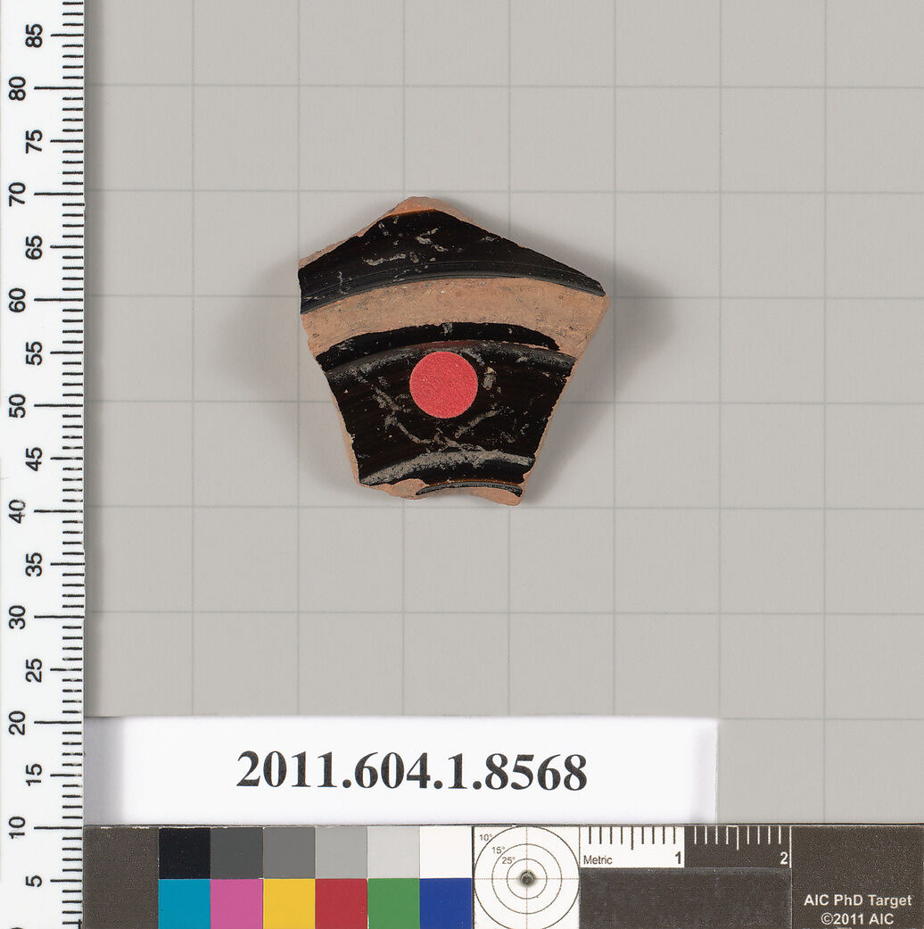 Terracotta fragment of a stemless kylix (drinking cup), Terracotta, Greek, Attic