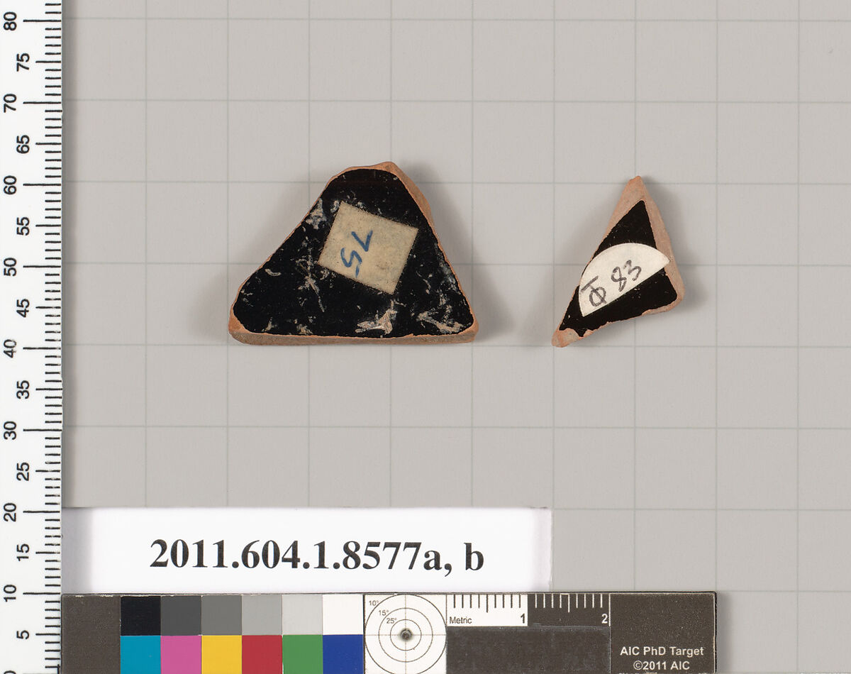Terracotta fragments of stemless kylikes (drinking cups), Terracotta, Greek, Attic