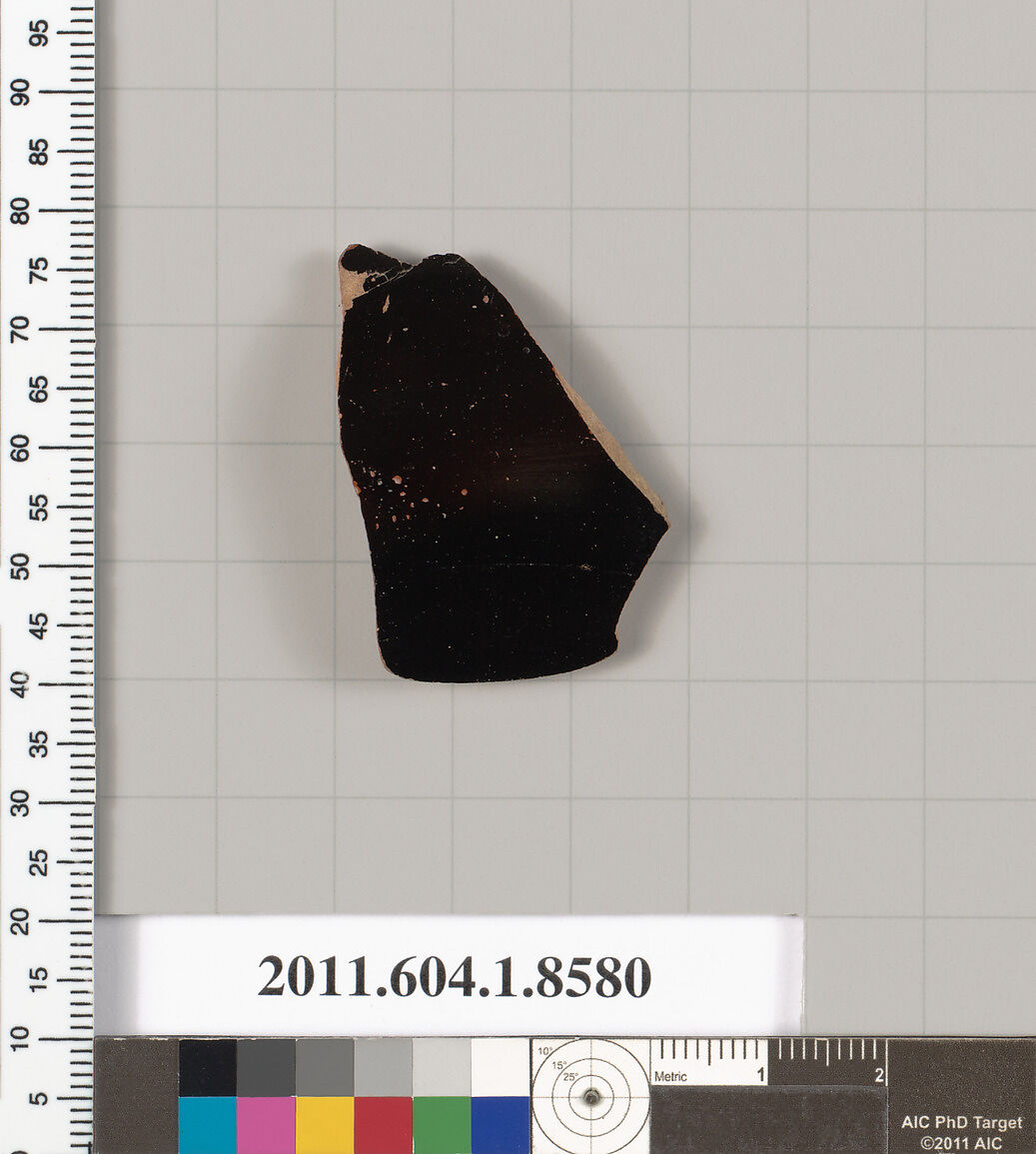 Terracotta fragment of a stemless kylix (drinking cup), Terracotta, Greek, Attic
