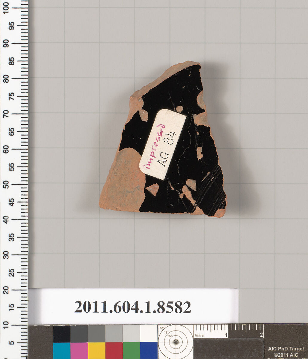 Terracotta fragment of a stemless kylix (drinking cup), Terracotta, Greek, Attic