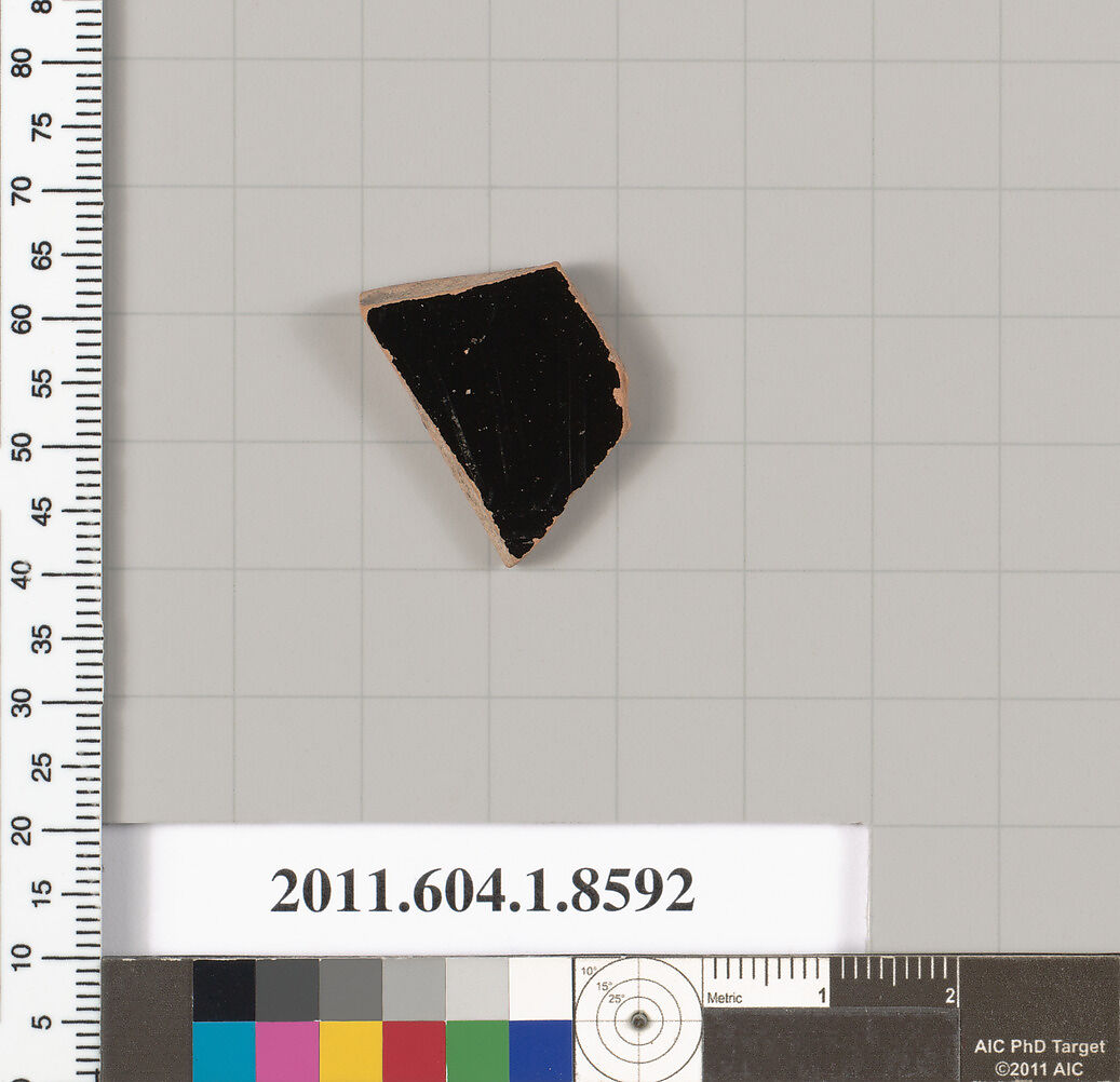 Terracotta fragment of a stemless kylix (drinking cup), Terracotta, Greek, Attic