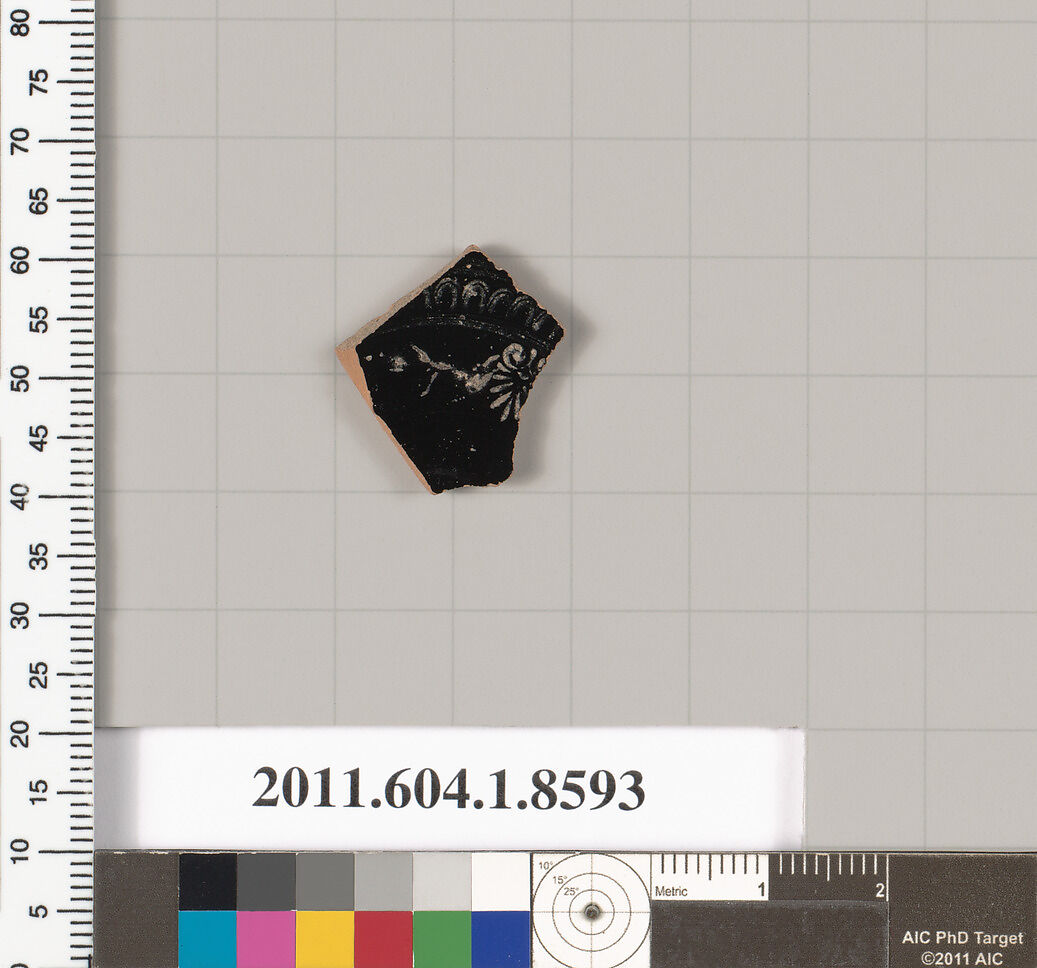 Terracotta fragment of a stemless kylix (drinking cup), Terracotta, Greek, Attic