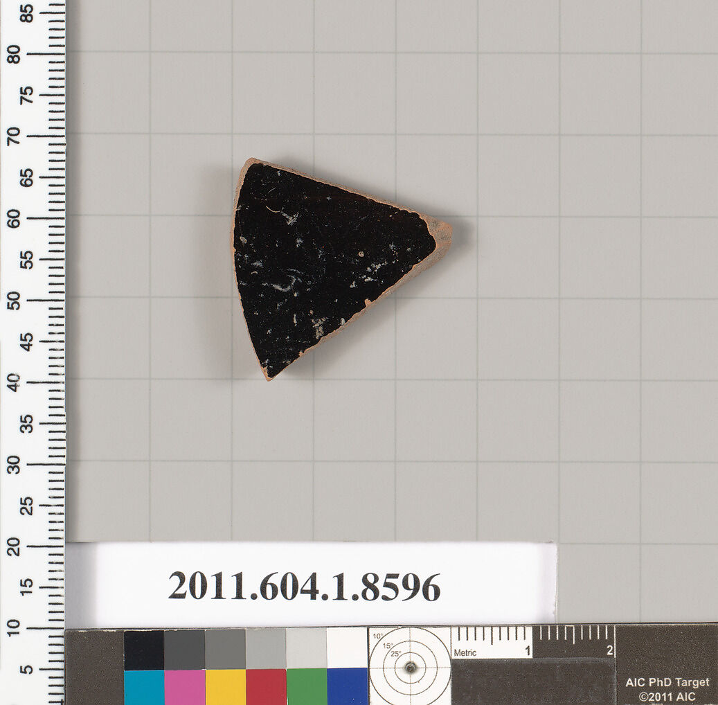 Terracotta fragment of a stemless kylix (drinking cup), Terracotta, Greek, Attic
