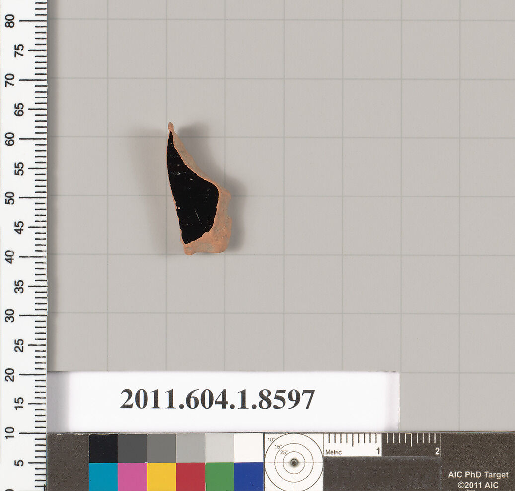 Terracotta fragment of a stemless kylix (drinking cup), Terracotta, Greek, Attic