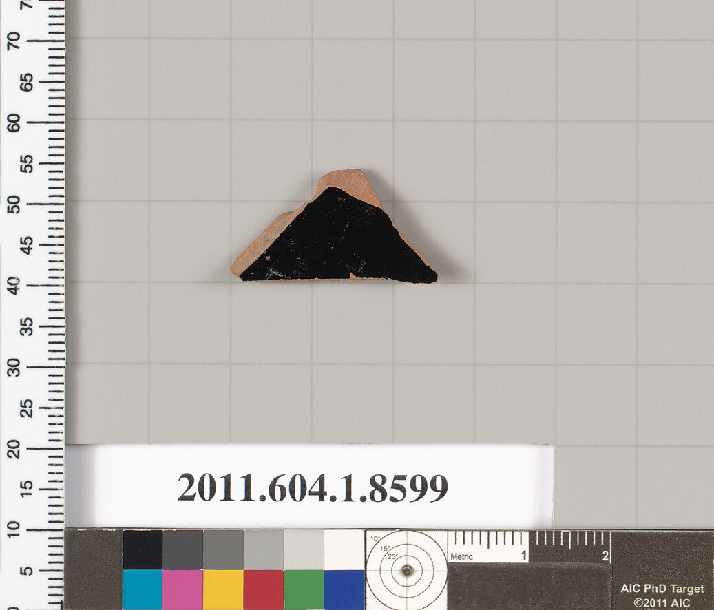 Terracotta fragment of a stemless kylix (drinking cup), Terracotta, Greek, Attic